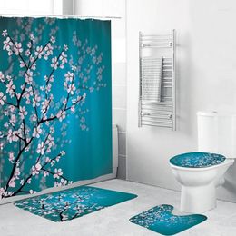 Toilet Seat Covers Plum Pattern Shower Curtain Pedestal Rug Lid Cover Mat Bath Set Bathroom Curtains With Hooks