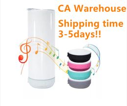 CA Warehouse Sublimation 20oz straight white Tumblers with bluetooth tumbler Straw Lid Blanks Stainless Steel Double Wall Speaker tumbler Travel Mugs Party