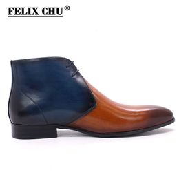 Autumn Winter Genuine Calf Leather Mens Ankle Boots Handmade Brown Blue Lace Up Formal Shoes High Quality Dress Boots for Men