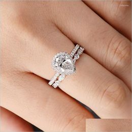 Wedding Rings Wedding Rings 2Pcs Shiny Water Drop Cz Crystals Women Set For Jewelry Finger Engagement Female Bague Anelwedding Brit2 Dhgjo