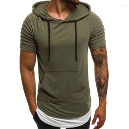 Men's Hoodies Summer Solid Casual Fashion Short Sleeves Pleated Men Sweatshirt Pullover Slim Clothing Retro Male Streetwear Tops