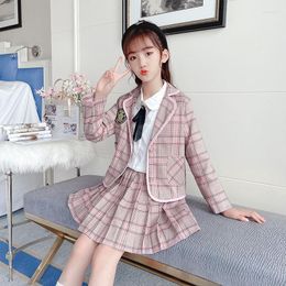 Clothing Sets 2022 Autumn JK Girl's Plaid Suit Teenage Girl Casual Blazer Pleated Skirt White Shirts Kids Clothes Set Spring Girls