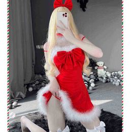 Stage Wear Lolita Girls Santa Cosplay Come Christmas Princess Sling Backless Red Dress Sexy Lingerie Winter Wrap Chest Bra Tops Dropship T220901