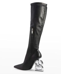 Winte Keira Zip Ankle Boots Mulheres Pop Escultural D-barroco Salto Preto Estiramento Couro Senhora Botas Dedo Apontado Booty EU35-43 Com Caixa