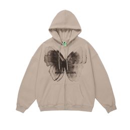 Men's Hoodie Sweatshirt Coat Hip Hop Retro Butterfly Print Full Zip Up Hooded Men Autumn Harajuku Fashion Casual Loose Zipper Coat