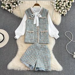 Women's Tracksuits Fashion Coat And Ss Suit For Women Tweed Vest Three-Piece White Bow Shirt Elegant High Waist Short Pant Ladies