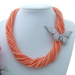 Chains Charming 10 Strands Round Pink Coral Necklace Micro Inlay Zircon Butterfly Buckle Flower Accessories Long 50 Cm