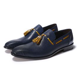 Fashion Classic Mens Tassel Loafer Shoes Genuine Leather Blue Black Slip On Pointed Casual Wedding Party Dress Shoes for Men