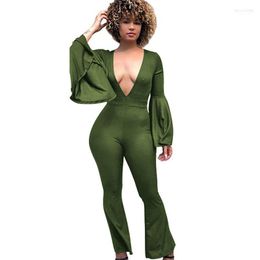 Women's Jumpsuits Sexy Party Club Elegant Plunging V Neck Long Sleeve Jumpsuit Women Solid High Waisted Flare Pants Autumn Bodycon Romper