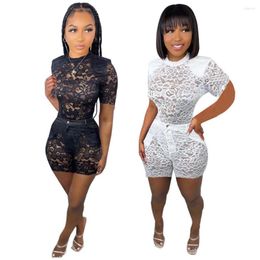 Women's Tracksuits PING ZHAO Sexy Party Lace Women Two Piece Set Outfits For 2022 Summer T-shirt And Shorts Matching Tracksuit
