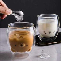Mugs Creative Cute Bear Double-layer Coffee Mug Double Glass Cup Carton Animal Milk Lady Gift Christmas Y2210
