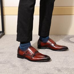 Classic Genuine Leather Men's Double Monk Strap Dress Shoes Black Burgundy Party Wedding Formal Business Office Shoes for Me