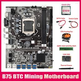 Motherboards -B75 BTC Mining Motherboard 8XUSB3.0 G1610 CPU DDR3 4GB RAM 128G SSD Fan SATA Cable Switch Thermal Grease