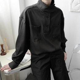 Men's Casual Shirts 2022 Korean Men's Long Sleeve Thickened Shirt Autumn Loose Workwear Pullover Japan Style Tops Black White 2Y2285