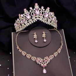 Necklace Earrings Set Pink Crystal Bridal For Women Wedding Dress Tiaras Crown Bride Costume Jewellery