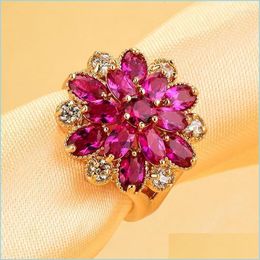 Wedding Rings Wedding Rings Luxury Female Red Zircon Love Ring Fashion Brilliant Yellow Gold Flower Vintage Engagement Promise For W Dhdt1