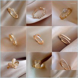 Wedding Rings Wedding Rings Romantic Flower Opal Open Ring For Girls Cute Pearl Rhinestone Geometric Inlaid Zircon Bling Cubic Zircon Dhtnr