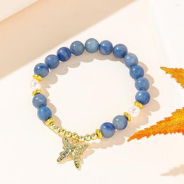 Strand Gold Tone Butterfly Charm Natural Stone Blue Beads Spacer Bracelet For Women