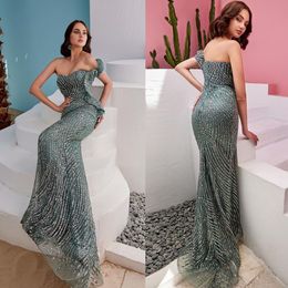 One Shoulder Evening Dresses Sequined Sweetheart Mermaid African Dubai Prom Dress Sleeveless Floor Length Formal Party Gowns