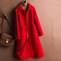 Women's Wool Women's & Blends Autumn Winter Slim Long Double-Sided Cashmere Coat Women Pink Red Beige Overcoat Big Pocket Sleeve Jacket