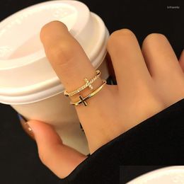 Wedding Rings Wedding Rings Fashion Doublelayer Cross Stackable Cubic Zirconia Sier Colour Adjustable Finger For Women Bling Korean J Dhnwm