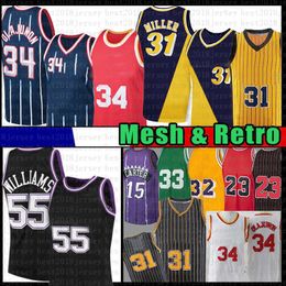 Mens Vintage Hakeem Olajuwon Reggie Miller Jason Williams Mesh Basketball Jersey Retro Jerseys 34 31 55