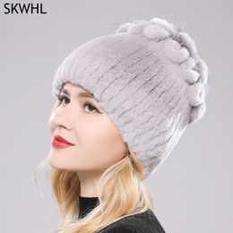 BeanieSkull Caps Russia Winter Real Fur Beanies Hat Women 100% Genuine Rex Rabbit Good Elastic Knitted 221024