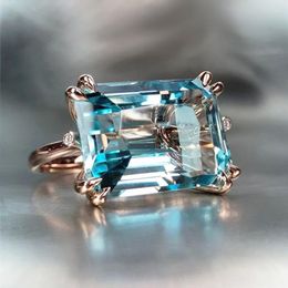 Wedding Rings Trendy Rose Gold Engagement For Women Sky Blue Rectangular CZ Stone Inlay Fashion Jewellery Party Gift Ring