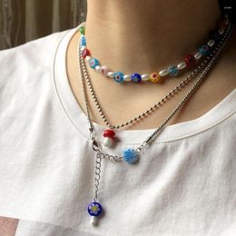 Chains Necklace For Female With Coloured Glaze Flower Beaded Metal Stacked Pearl Clavicle Chain