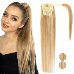 Blonde Ponytail Human Hair Remy Ponytail Extension Wrap Around Natural virgin Hairs Straight Thick ends double drawn p18/613 120g
