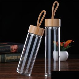 Water Bottles Transparent Glass Cups Monolayer Bamboos Er Water Cup Man Woman Home Office With Ropes Waters Bottle Portable Drop Deli Dhhle