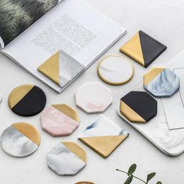 Table Mats European Ceramic Coasters Marble Texture Afternoon Tea Dessert Tray Gold Plated Craft Placemats For Home Decoration Modern