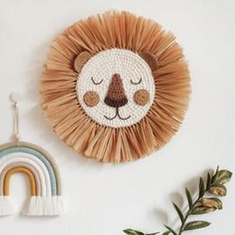 Decorative Figurines Nordic Home Decoration Tapestry Handwoven Cartoon Lion Hanging Decorations Animal Head Ornament Kids Room Wall Decor