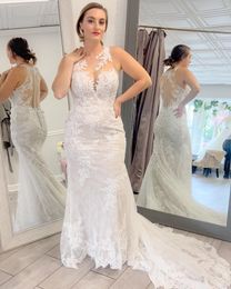 Mermaid Bridal Wedding Dress 2023 Sheer Illusion Neck Back Full Lace vestidos de novia Court Train Garden Castle Beach robe de mariee Covered Buttons Sleeveless