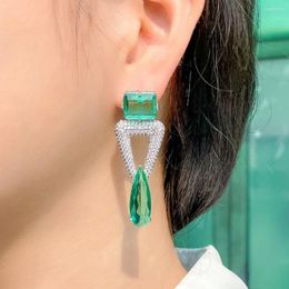 Dangle Earrings CWWZircons Trendy Triangle Green Water Drop Long Crystal For Women Fancy CZ Party Wedding Dress Jewellery CZ118