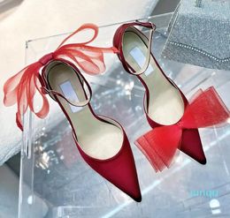 2023r high-heeled sandals rose pink vamp heel cross big bow fluorescent vamp open toes strap shoe box size 35