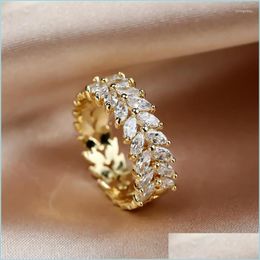 Wedding Rings Wedding Rings Luxury Female White Leaf Crystal Ring Promise Gold Sier Colour Engagement Vintage Bride Zircon For Womenw Dhw09