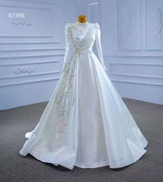 Long Sleeve High Neck Pearls A-line Wedding Dresses Puffy Skirt Princess Lace-up Corset Matte Stain Arabic Bridal Gowns