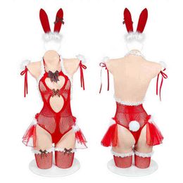 Stage Wear Anime Bunny Girl Cosplay Comes Lolita Lace Ruffle Hollow Out Bodysuit Sexy Red Christmas Fishnet Lingerie Set Sleep Dress T220901