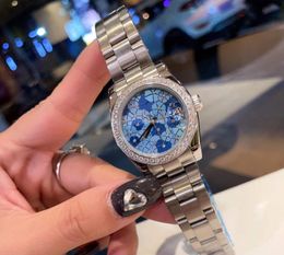 New Luxury Women Geometric Blue Flowers Watches Stainless Steel Quartz WristWatch Female Zircon Number Calendar Sport Date Clock Waterproof