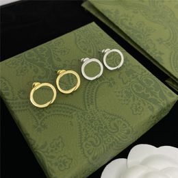 Vintage Glossy Golden Silver Earrings Charm Interlocking Letters Designer Ear Studs Embossed Stamp Dangler With Box