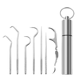 Portable Stainless Steel Toothpicks Pocket Set with Holder Dispenser Outdoor Picnic Camping Traveling 7Pcs Reusable Metal Toothpicks Kitchen Accessory