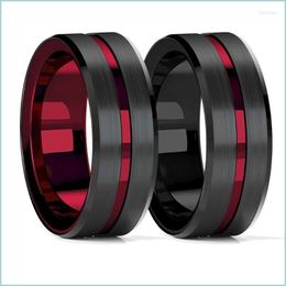 Wedding Rings Wedding Rings Fashion 8Mm Red Groove Bevelled Edge Black Tungsten Ring For Men Brushed Steel Engagement Mens Bandweddin Dhd5G