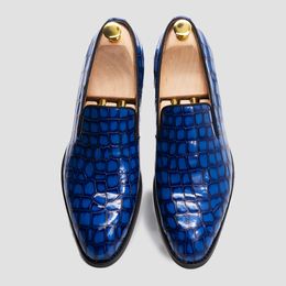 GARMORIT Men's Slip-On Loafer Smooth Genuine Leather Luxury Brand Designer Crocodile Print Blue Red Wedding Party Dress Shoe