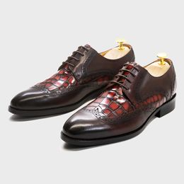 Luxury Men's Wedding Formal Shoes Genuine Leather Handcrafted Brogue Derby Lace-up Wingtip Crocodile Pattern Dress Shoe for