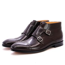 Sale 38-47 Mens Ankle Boots Genuine Calf Leather Double Buckles Monk Strap Basic Boots Men Cowboy Fashion Motorcycle