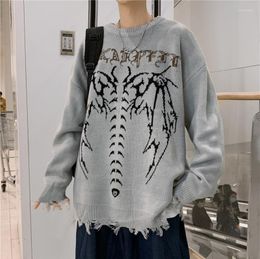 Men's Sweaters Oversized Ripped Knitted Sweater Y2k Hip Hop Harajuku Skull Letter Printed Fashion Neutral Long Sleeves Casual Pullover