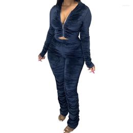 Women's Two Piece Pants Women's Velvet Stacked Women's Set Zipper Hoodies Ruched Sport Tracksuit Outfit Active