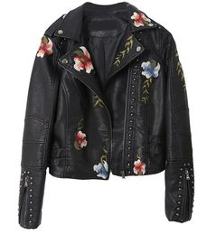 Women Jackets Retro Floral Printing Embroidery Imitation Soft Leather Jacket Lapel Fashion Short Coat