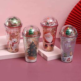 Mugs Water Cup with Lid Cartoon Christmas Gift Plastic Santa Claus Glitter Mug Wide Mouth Large Capacity Cute Tumbler Drink Y2210
